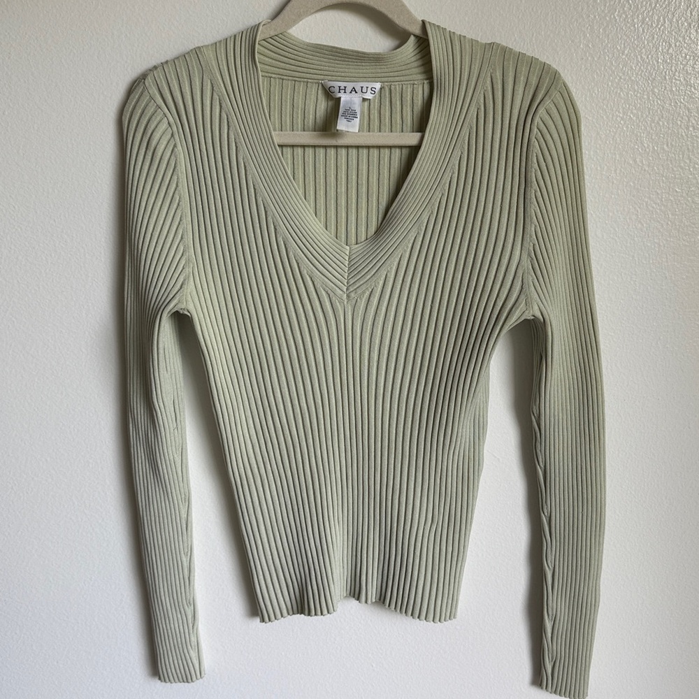 Chaus Green Silk Ribbed Fitted Knit Long Sleeve Top, Large, Y2K